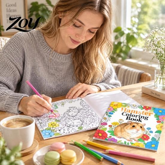 Thick Paper Coloring Sheets Hamster Book for Kids, Cute Animal Illustrations And Creative Gift Toddlers Floral Elements Drawing Book, Portable Doodle