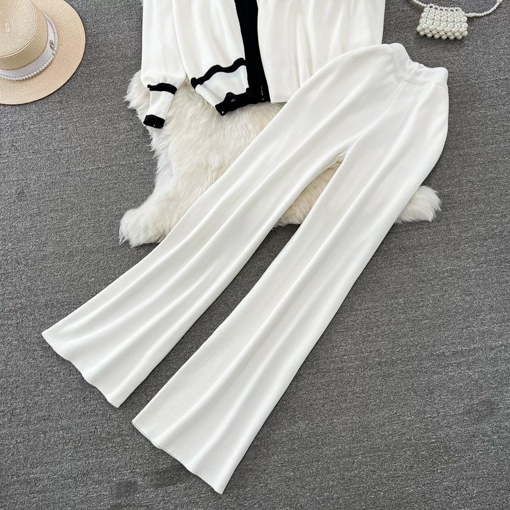 Осень-зима, винтажный однотонный вязаный свитер, брюки, комплект из 3 предметов, женский спортивный костюм, куртка на молнии с длинными рукавами, пальто, жилет, брюки, наряды