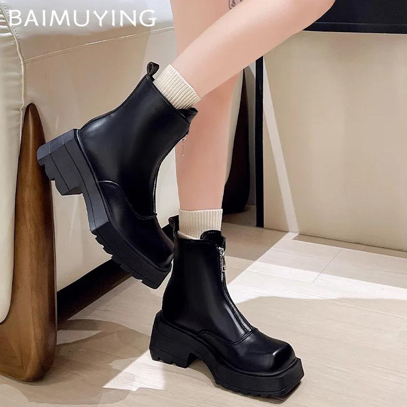 Женские ботильоны на платформе из кожи с квадратным носком и средним каблуком, модная обувь 2025 года, массивные туфли-лодочки на молнии, зимние мотоциклетные ботинки-ботинки женские