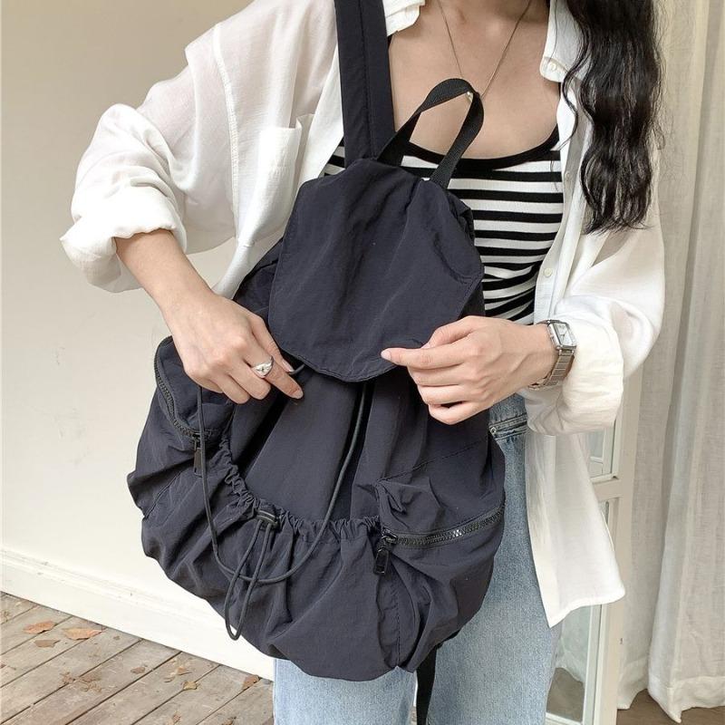 New Pleated Pull Rope Nylon Backpack Women's Niche Trend Large Capacity Flip Student Backpack Backpack Girls