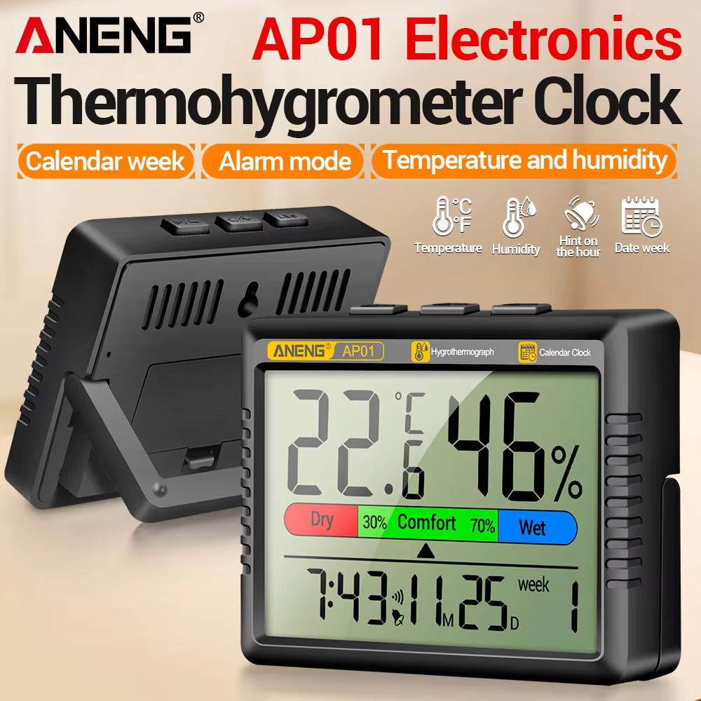 ANENG AP01 Thermohygrometer Thermometer Hygrometer Electronic Clock High Definition Screen Digital Air Multiscene Measurement