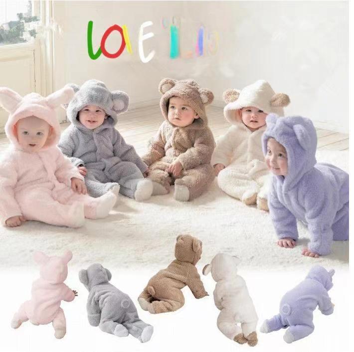 Baby Coral Fleece Hooded Long-Sleeve Warm Jumpsuit for Autumn/Winter