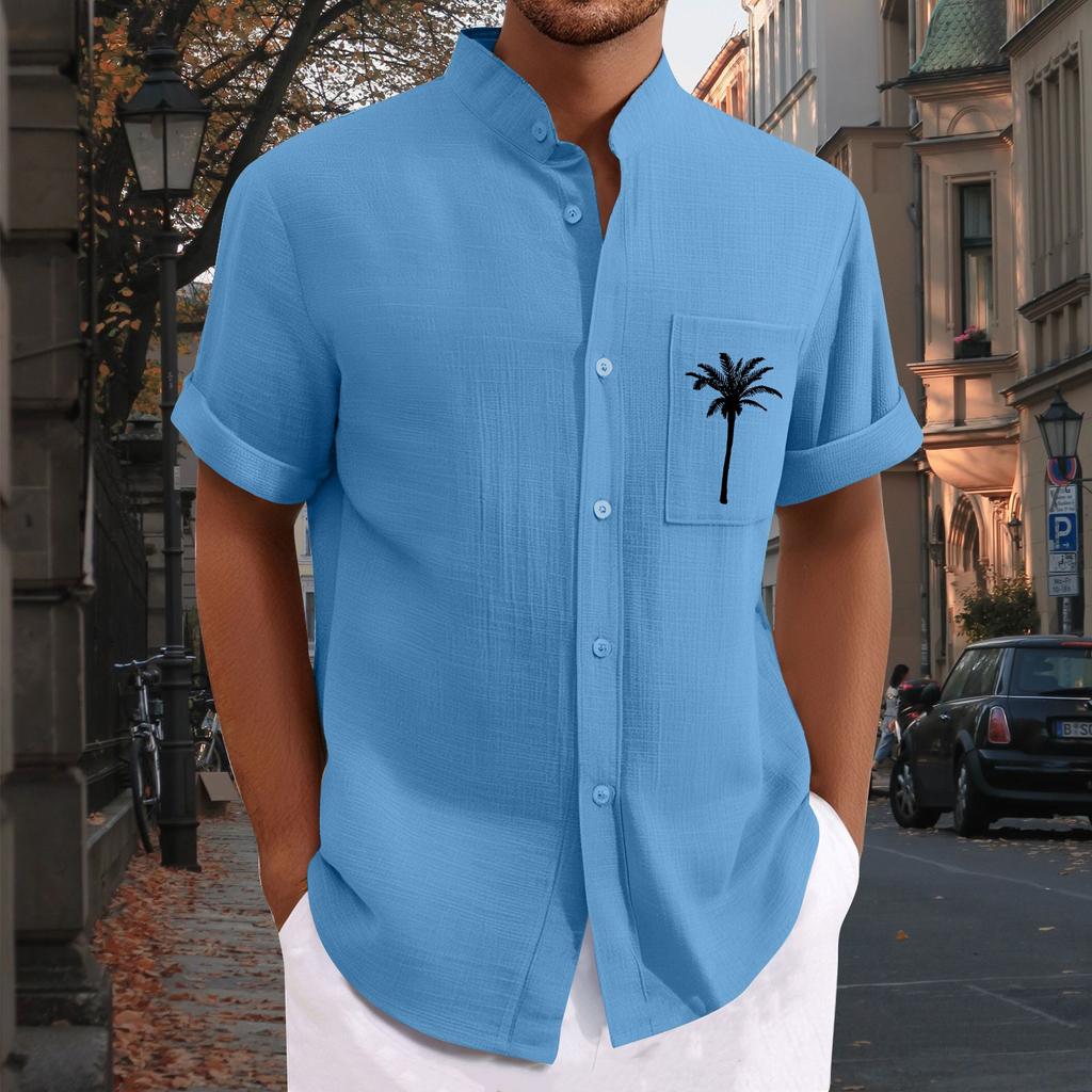Men'S Casual Loose Fitting Short Sleeved Printed Shirt Fashion Standing Collar Top