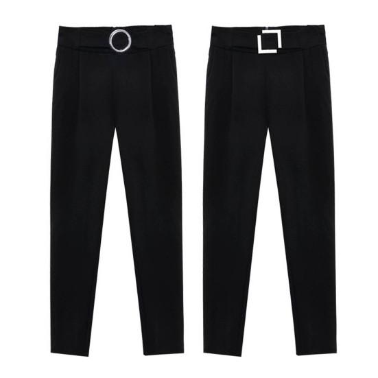 Женские повседневные брюки с высокой талией, костюмные брюки с металлическими пряжками и карманами, однотонные облегающие шаровары, рабочая одежда