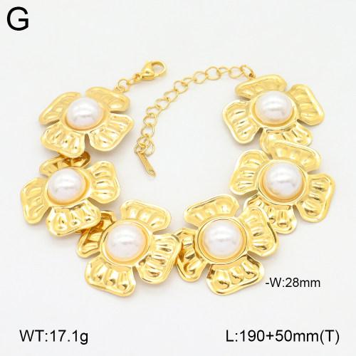 Stainless Steel Gold Color Bracelets with White Pearl Accents Mesh Band Flower Detail and Chunky Link Chain Designs for Women