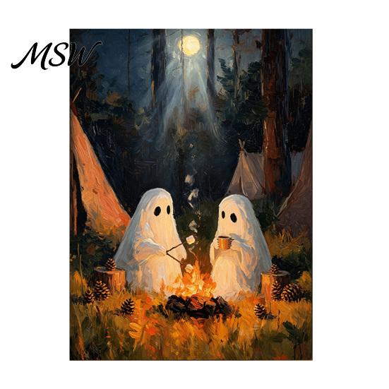 Seasonal Home Accents Vintage Cute Ghost Canvas Wall Art, Spooky 2 Ghosts Campfire Poster Hanging Poster, Gothic Halloween Decoration for Bedroom