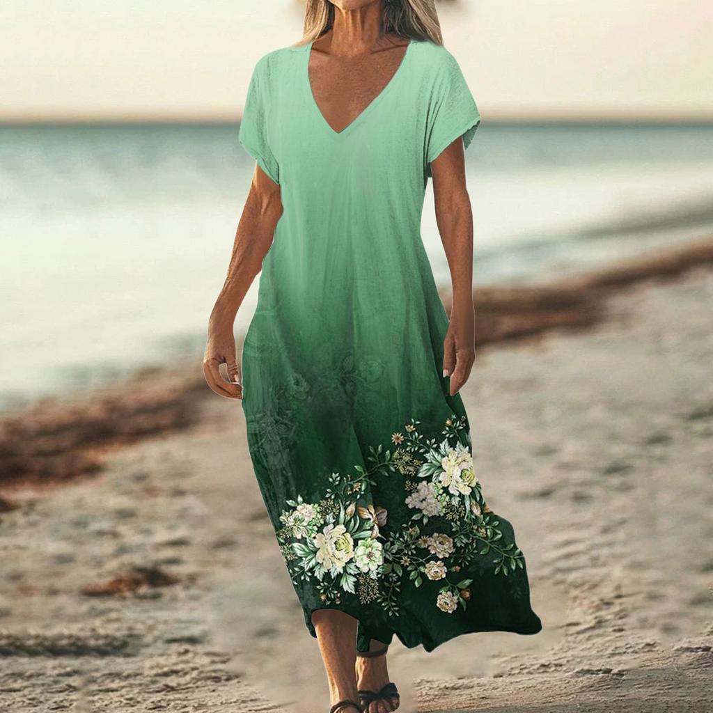 Fashion Women's Summer V-Neck Short Sleeve Floral Print Beach Dress