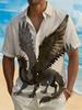 1pc Men'S Summer Short Sleeve Button-Up Shirt, Dark Golden T-Rex Print, Retro National Style Casual Top, Breathable Polyester Fabric, Non-Stretch,