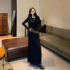 Простое и тонкое черное вязаное платье с длинным рукавом с подкладкой, юбка с пальто зимой