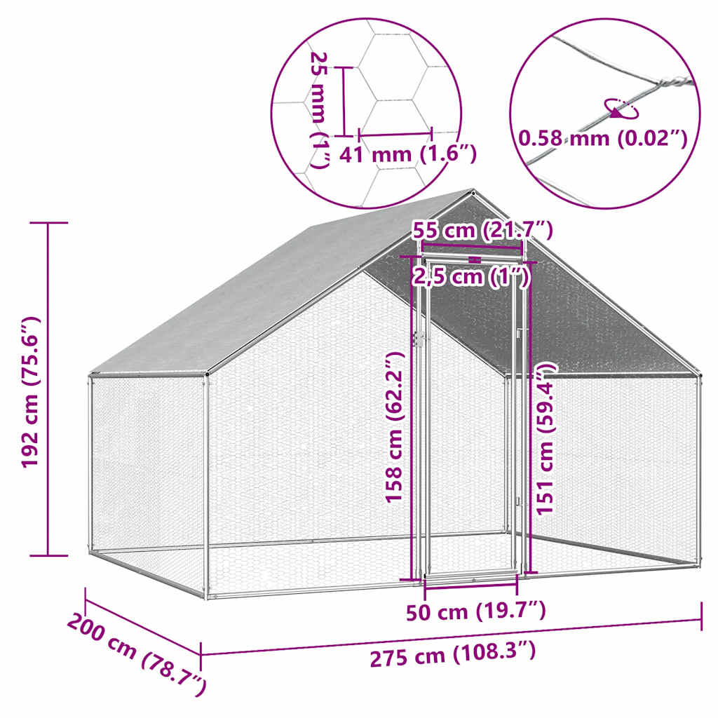 Outdoor Chicken Coop 2.75 x 2 x 1.92 m Galvanized Steel