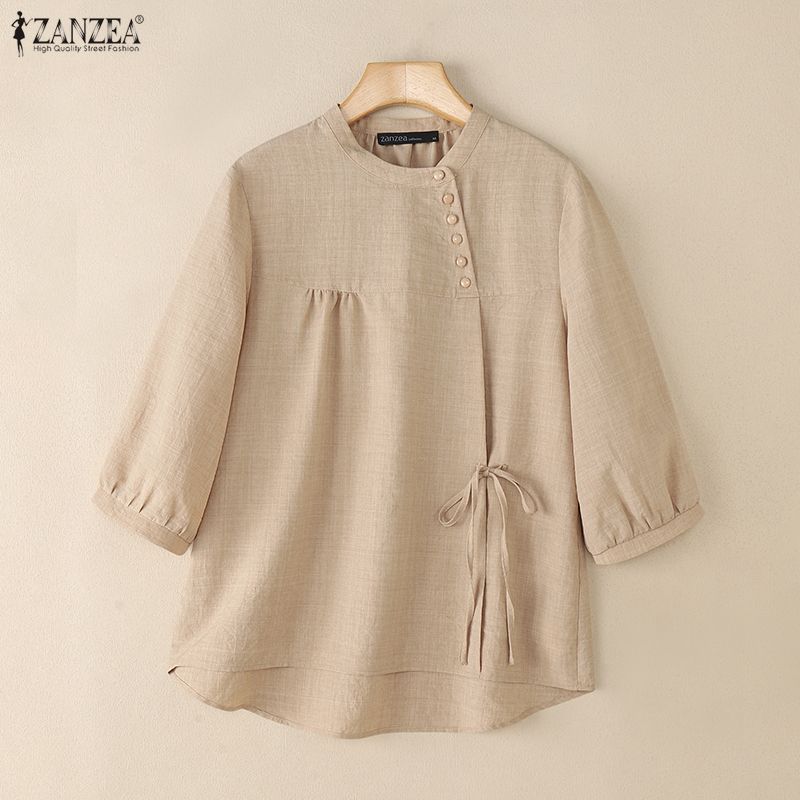 ZANZEA Женская летняя повседневная блузка с круглым вырезом, рукавом до локтя, шнуровкой по бокам и асимметричным низом