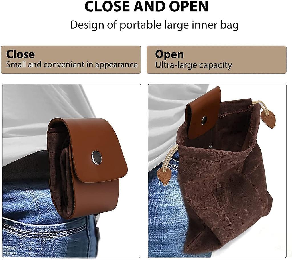 Outdoor Foraging Bag Waxed Canvas Collapsible Foraging Pouch Fruit Picking Storage Bags Leather Belt Waist Hanging Tool Bag for Travel Camping Hiking