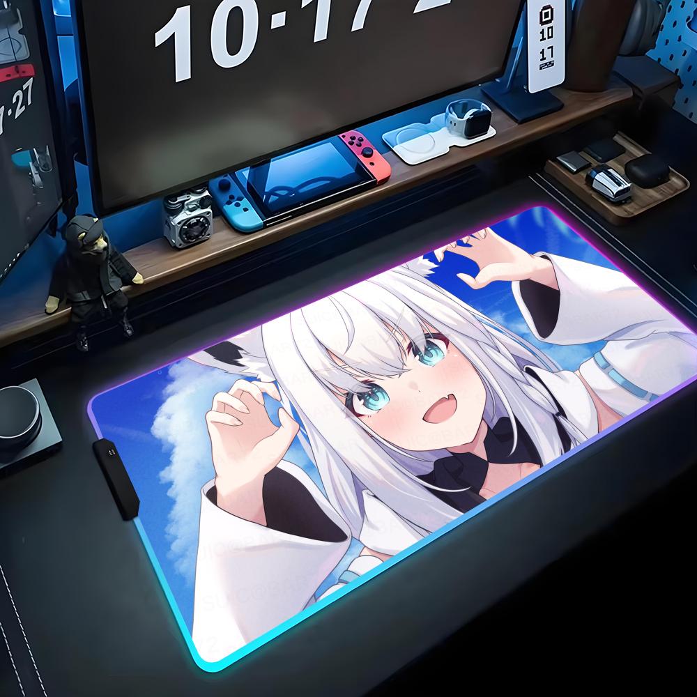 shirakami fubuki Mouse Pad RGB Gaming Mousepad Big LED Pad PC Desk Mat Luminous Mouse Pad Large Keyboard Mats Table Rug With