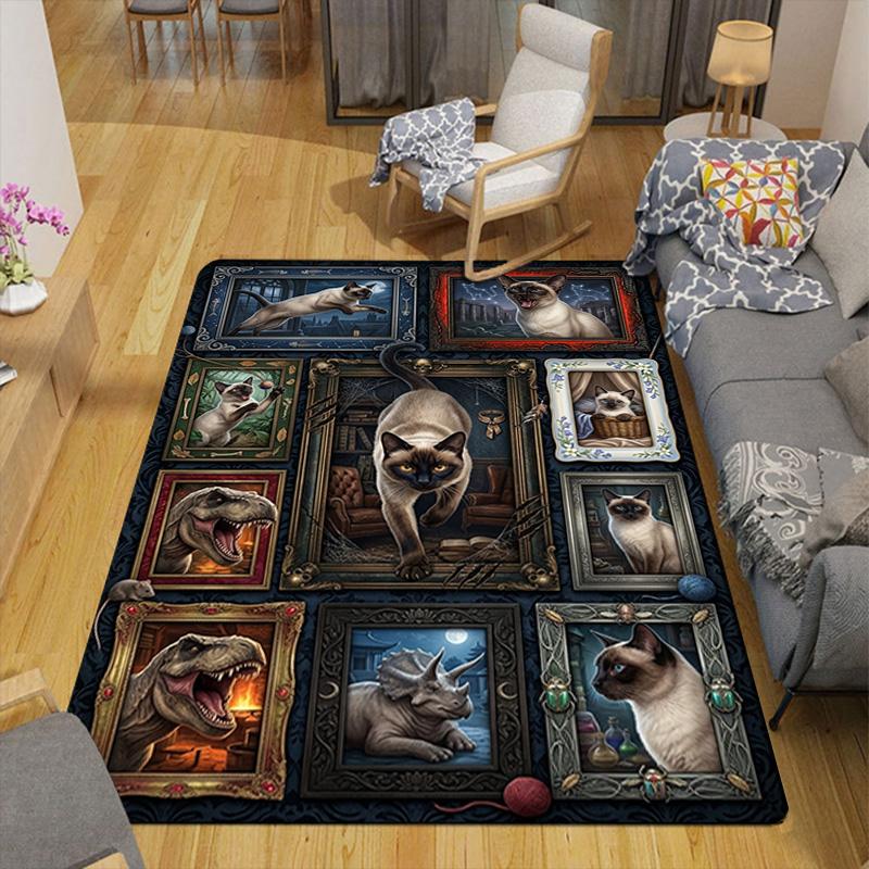 Cat Dinosaur Collage Pattern Rug Floor Mat for Living Room or Bedroom Soft and Comfortable Carpet a Gift for Birthday and Holiday.