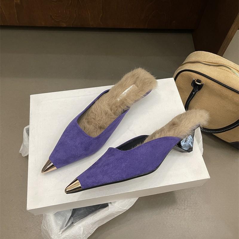 Autumn new metal pointed temperament long hair warm hair shoes triangular heel leopard print medium heel hair slippers