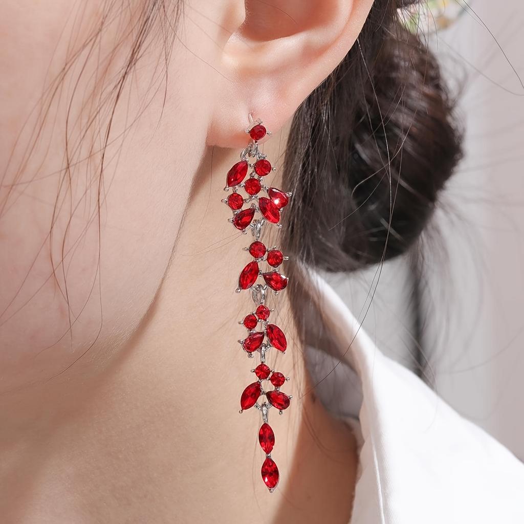 Colorful Shiny Rhinestone Inlaid Leaf Design Long Dangle Earrings Bohemian Elegant Style Delicate Female Earrings