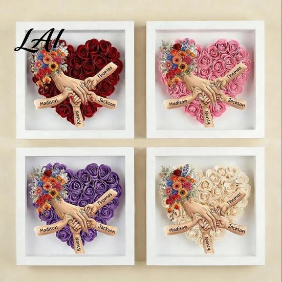 Gift for Mom from Kids Personalized Mommy Holding Hands Shadow Box with Ring And Manicure Custom Floral Heart Names Picture Frame Mother's Day Gifts
