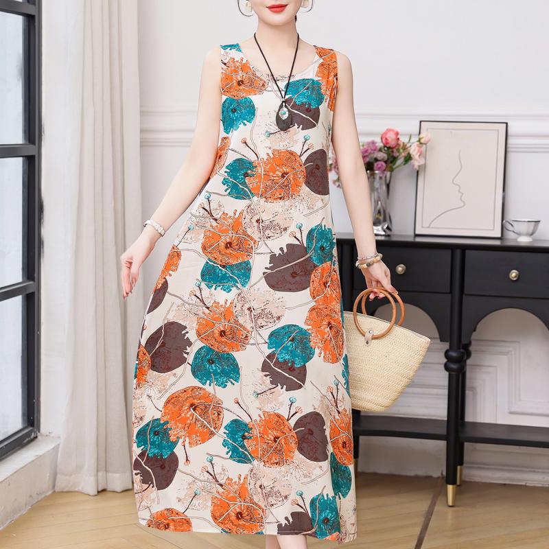 Летнее длинное платье, свободная летняя одежда для женщин, платья больших размеров, женское платье без рукавов с круглым вырезом XL-5XL