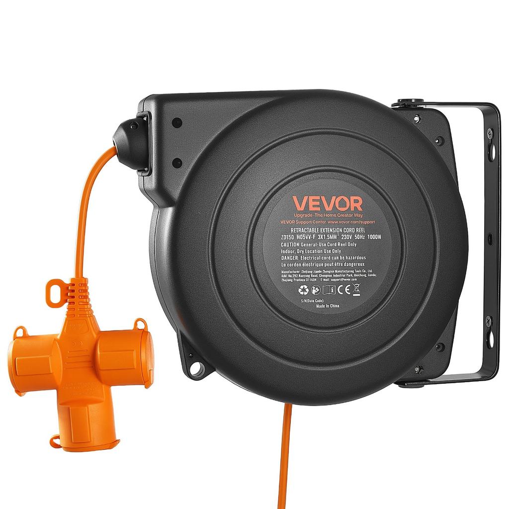 Retractable Extension Cord Reel 20 M Heavy Duty 16AWG / 3C Orange, for Ceiling/Wall Mount, Overheat Protection, Automatic Retractable Power Cord,