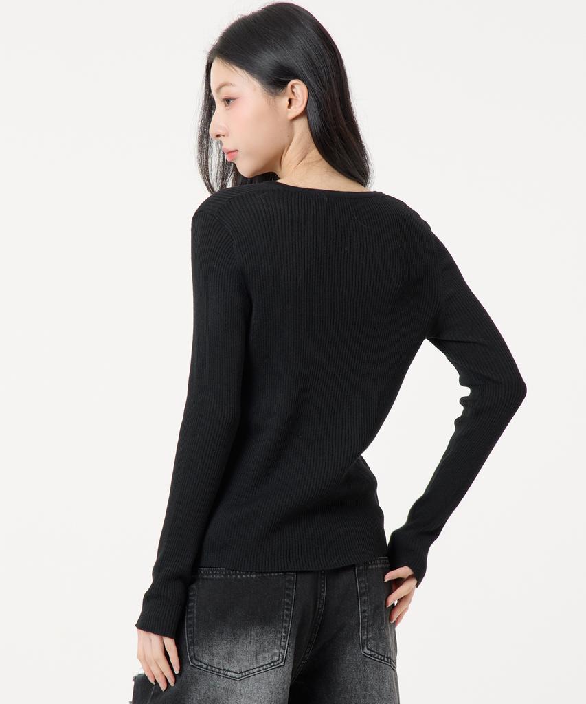 UNKNOWN PLANET Button Ribbed Knit Top Black