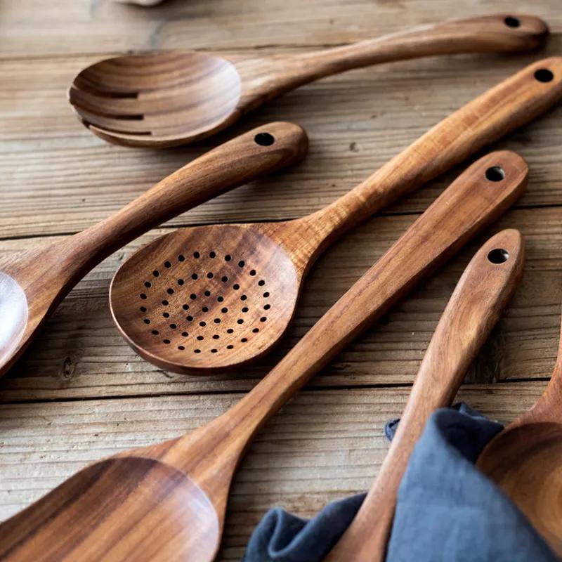 Multi Functional 5-Piece Kitchenware Set Kitchen Tools Wooden Bucket Storage Cooking Shovel Spoon Stirring Spoon Acacia Wood Teak Soup Spoon Reusable