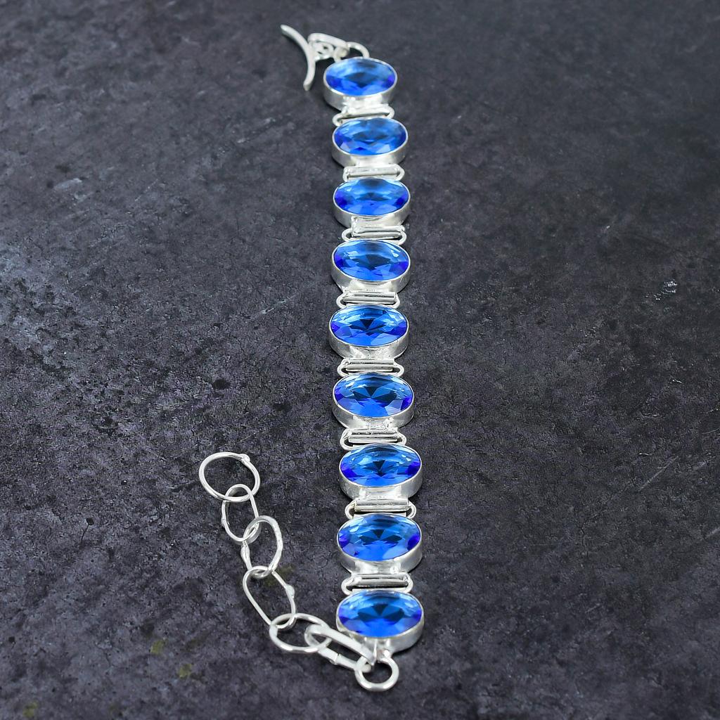 Браслет ручной работы из серебра 925 пробы с голубым топазом Swiss Blue Topaz Gemstone 7-8 дюймов K0A51