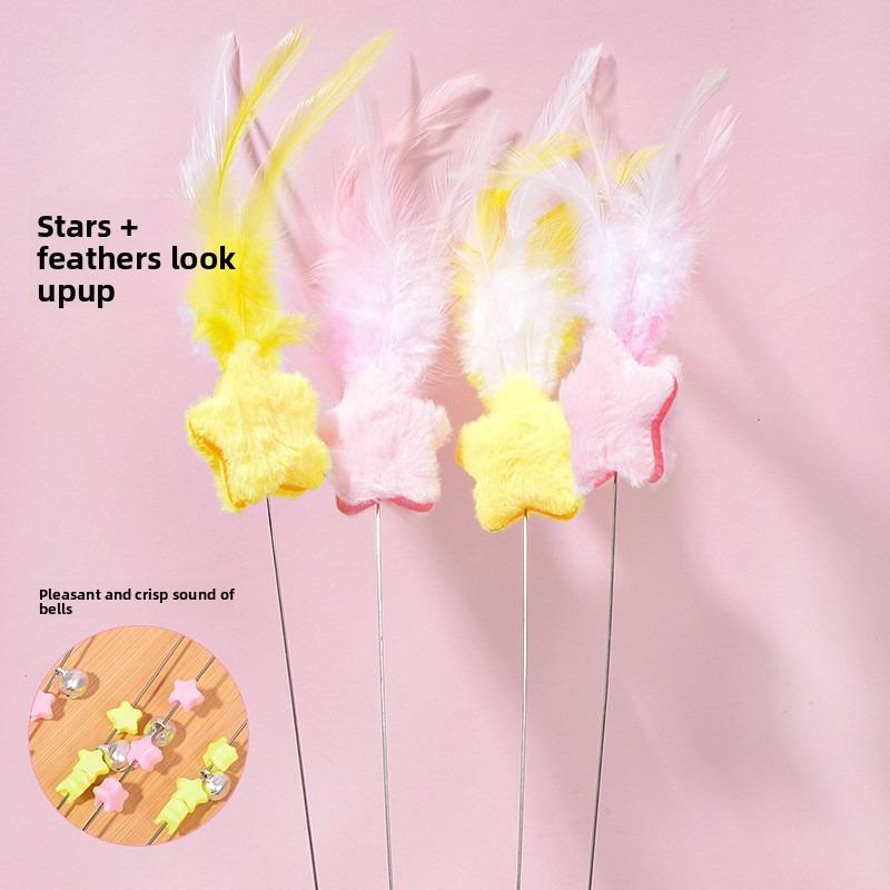 Factory Direct Long Steel Wire Star Feather Cat Teaser Wand Durable Chew Resistant 60cm Interactive Cat Toy