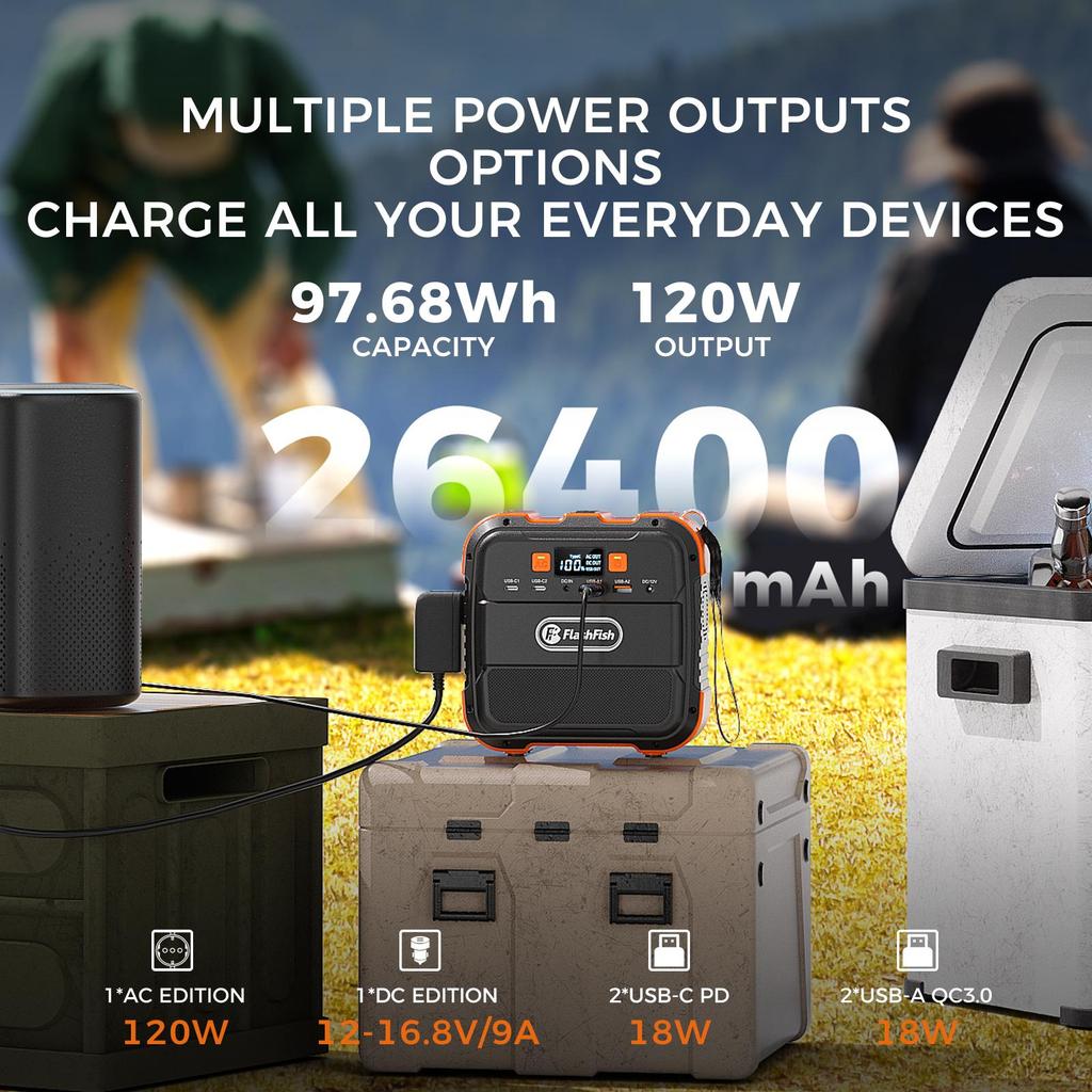 Flashfish A101+TSP60 Portable Power Station  6 Output Ports 120W AC Output 98Wh/26400mAh Li-ion Battery Capacity