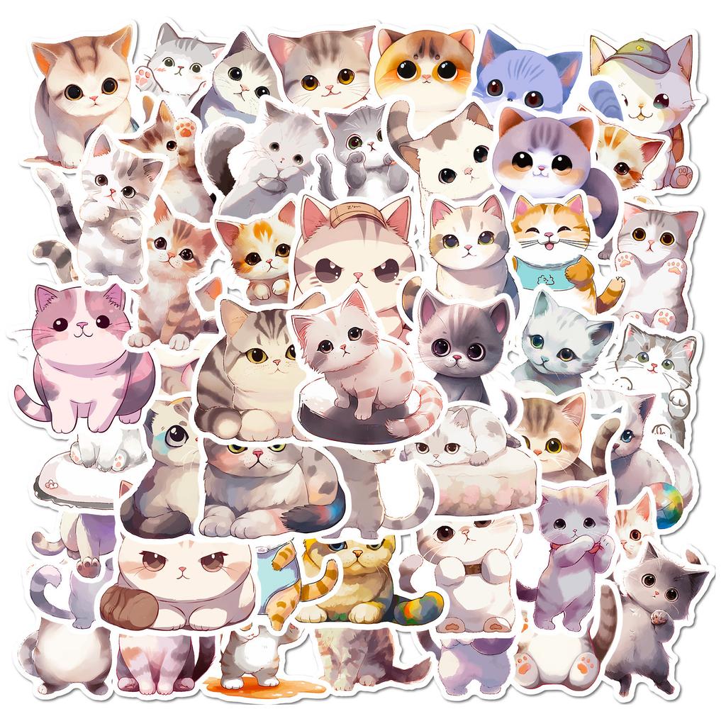 50 наклеек с акварельными кошками, милые мультяшные животные, голова кошки, наклейки с акварельными кошками