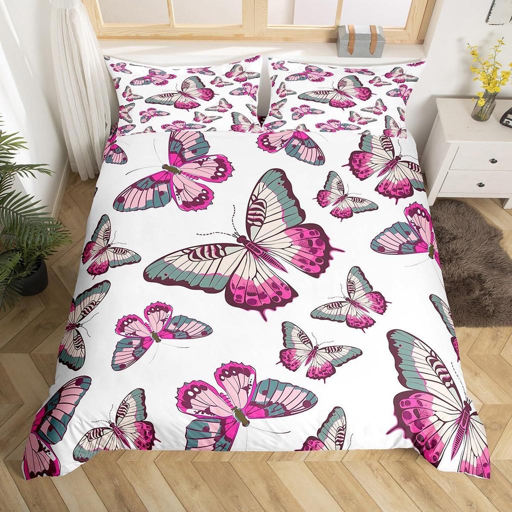 Teal Purple Butterfly Duvet Cover Queen King Size Floral Boho Decor Aesthetic Mandala Bedding Butterfly Print Set 3 Pcs