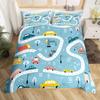 Cartoon Cars Duvet Cover Single Queen City Roads Bedding Set Hand Drawn Truck Bicycle Comforter Cover for Boys Teen Room Decor