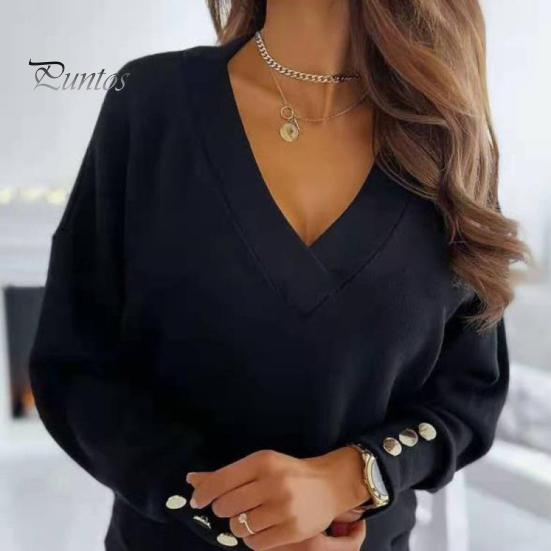 Women Tops V-Neck Long Sleeve Metal Button Cuffs Knitting Tops Solid Color Commuting Style Loose Fit Knitwear