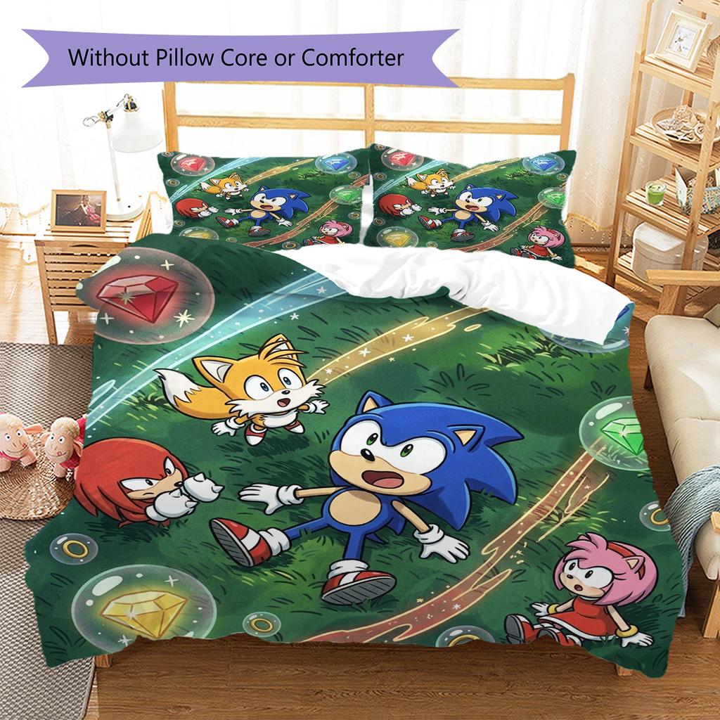 Hedgehog Sonic Pattern Bedding Quilt Set Quilt Cover Pillowcase Home Decoration Birthday Gift (1 * duvet cover + 2 * pillowcase, without core)