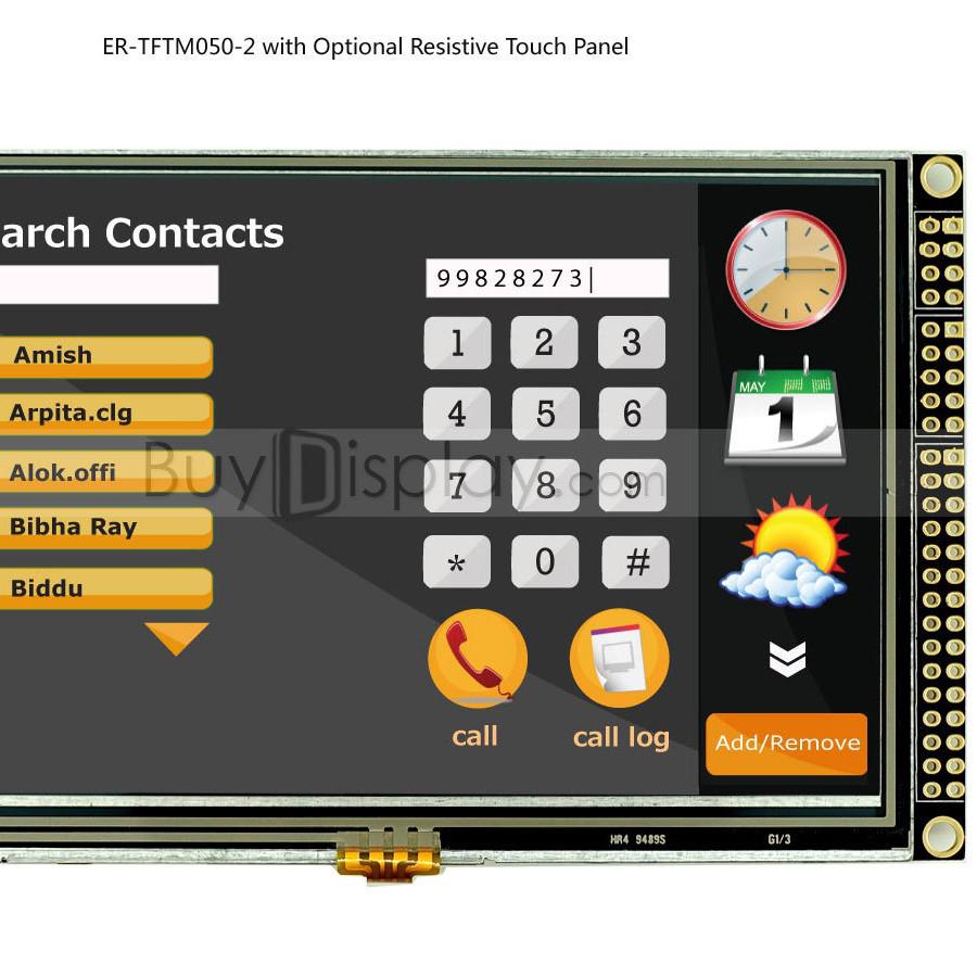 5-inch TFT LCD Color Display with RA8875 Controller, Optional Serial Port & Touchscreen