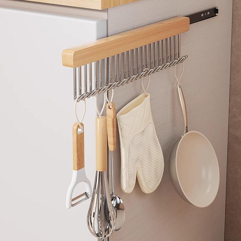 Wooden Wall Hanging With Telescopic Drying Rack With Stainless Steel Hook Pull-Out Space Saving Underwear Tank Top Organizer