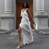Сшитое платье-комбинация с оборками, на бретельках, длинное, европейское и американское, летнее, новое, сексуальное, с разрезом, облегающее платье