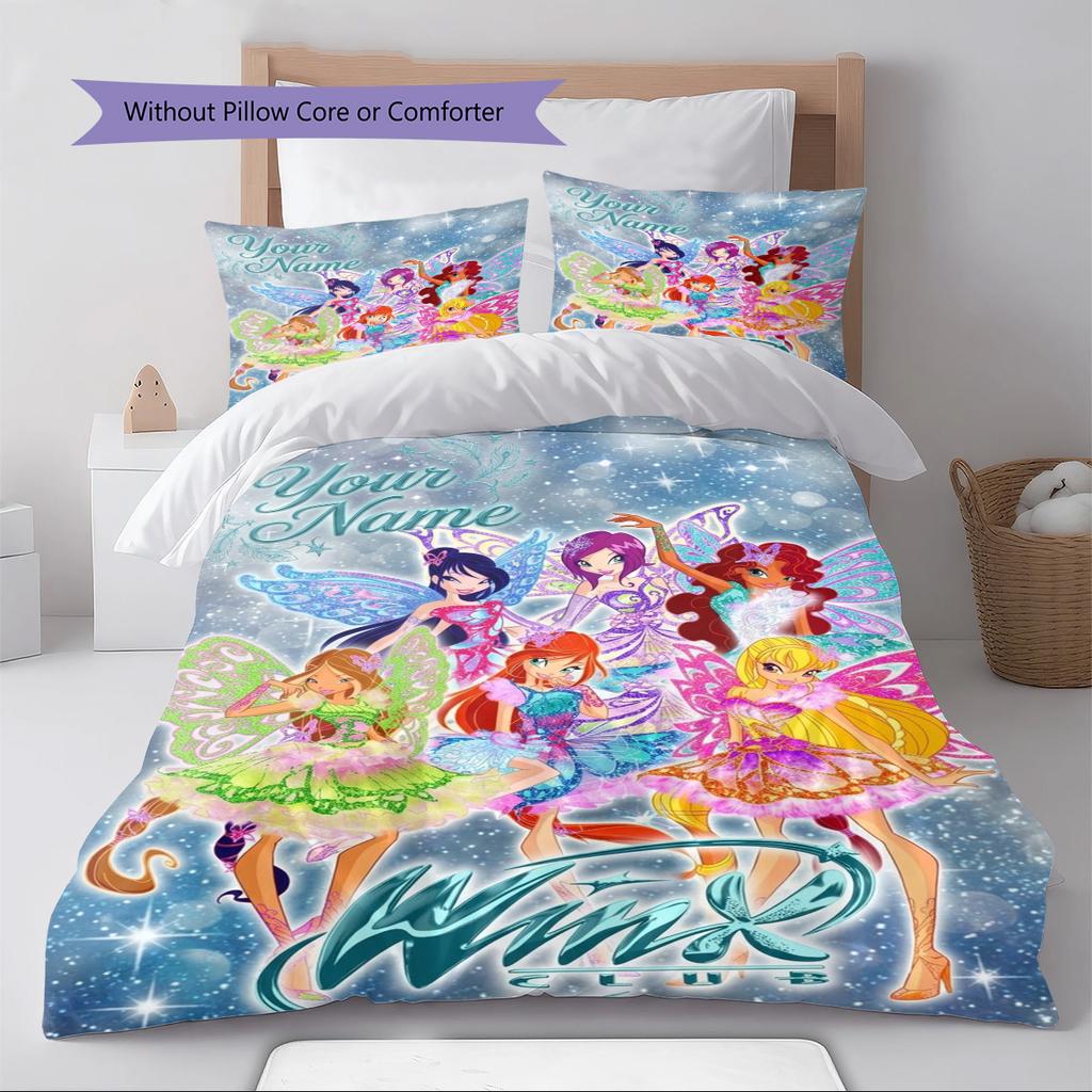 Name Custom Winx Club Cartoon Pattern Bedding Set Quilt Cover Pillowcase Home Decor Gift (1 * duvet cover + 2 * pillowcase, without core)