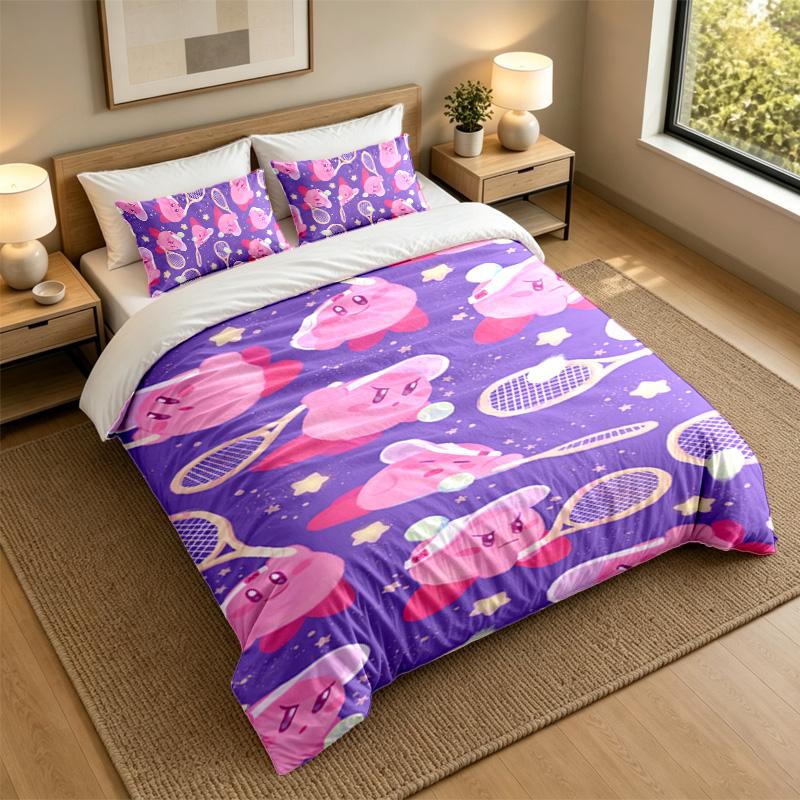 Soft Bedding Set Kirby Pattern, 1 Duvet Cover plus 2 Pillowcases Stylish Bedroom Home Textile