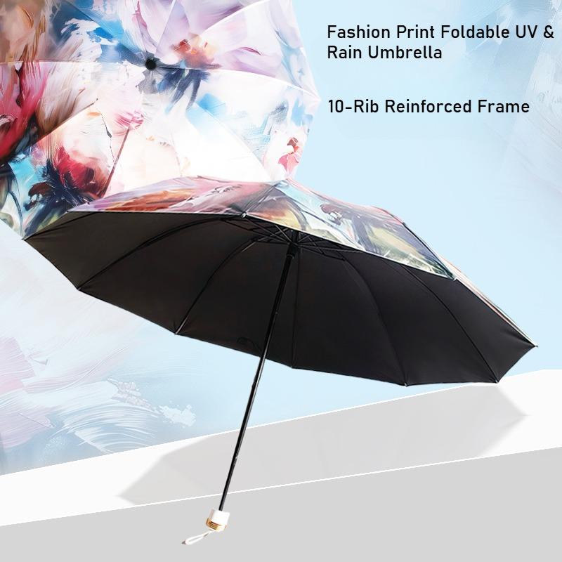 Vintage Oil Paint Print Folding Umbrella - Reinforced Wind & Rain Protection, Uv Sunscreen, Perfect For Daily Use & Travel, Idea