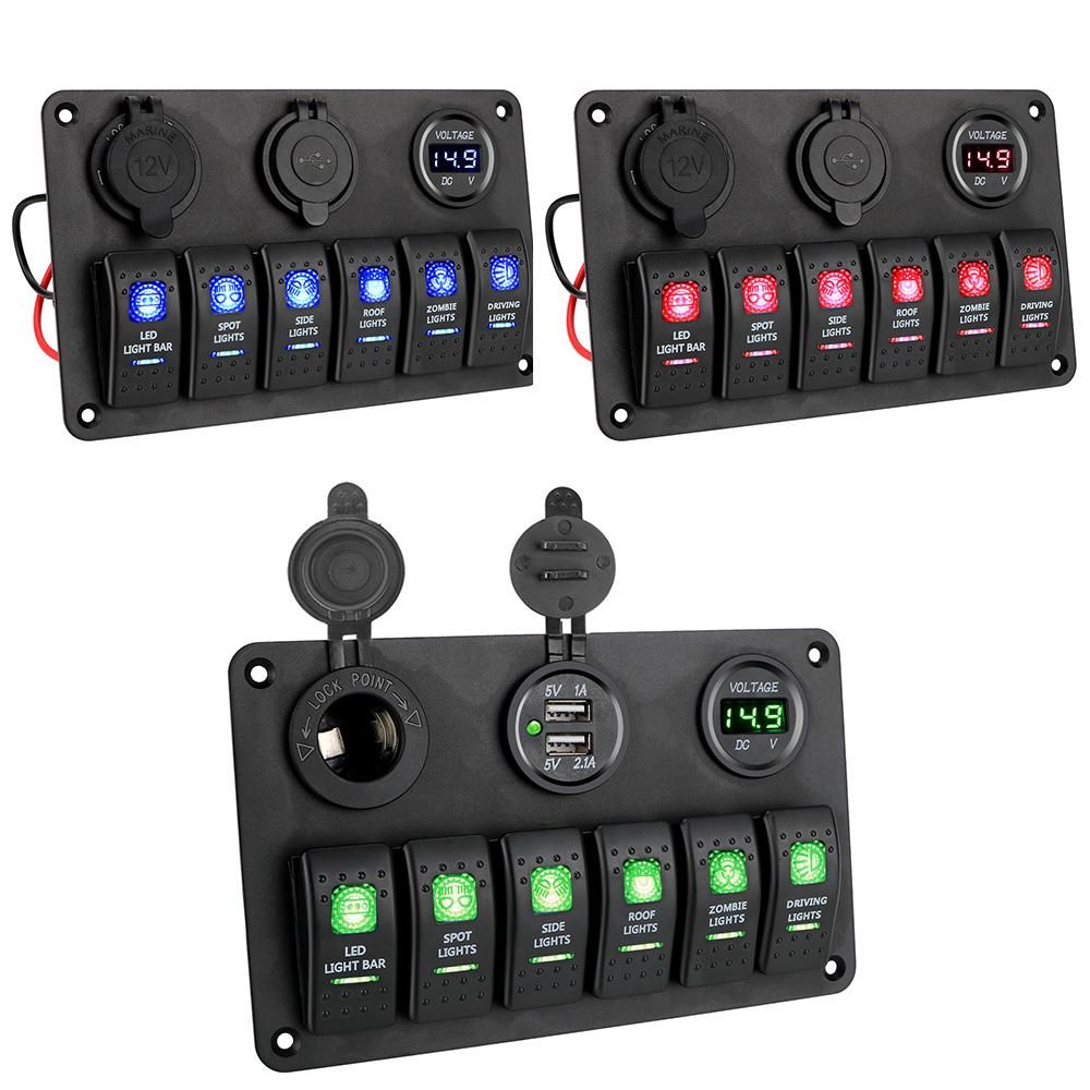 6 Gang Rocker Switch Panel Car Marine Circuit Breaker Dual USB Ports LED Digital Voltmeter DC 12V/24V ON/OFF Lights Waterproof