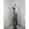 Women Fashion Sexy Leopard Print High Waist Spaghetti Strap Long Dress