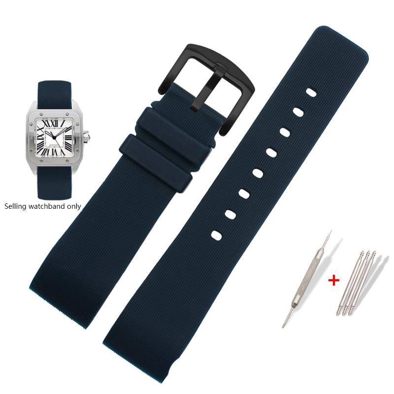 Ремешок для часов Cartier Sandoz Santos 100 W20073X8 W20106X8 W2020008 Силиконовый каучуковый браслет Мужской Женский Черный ремень 20 23 25 мм