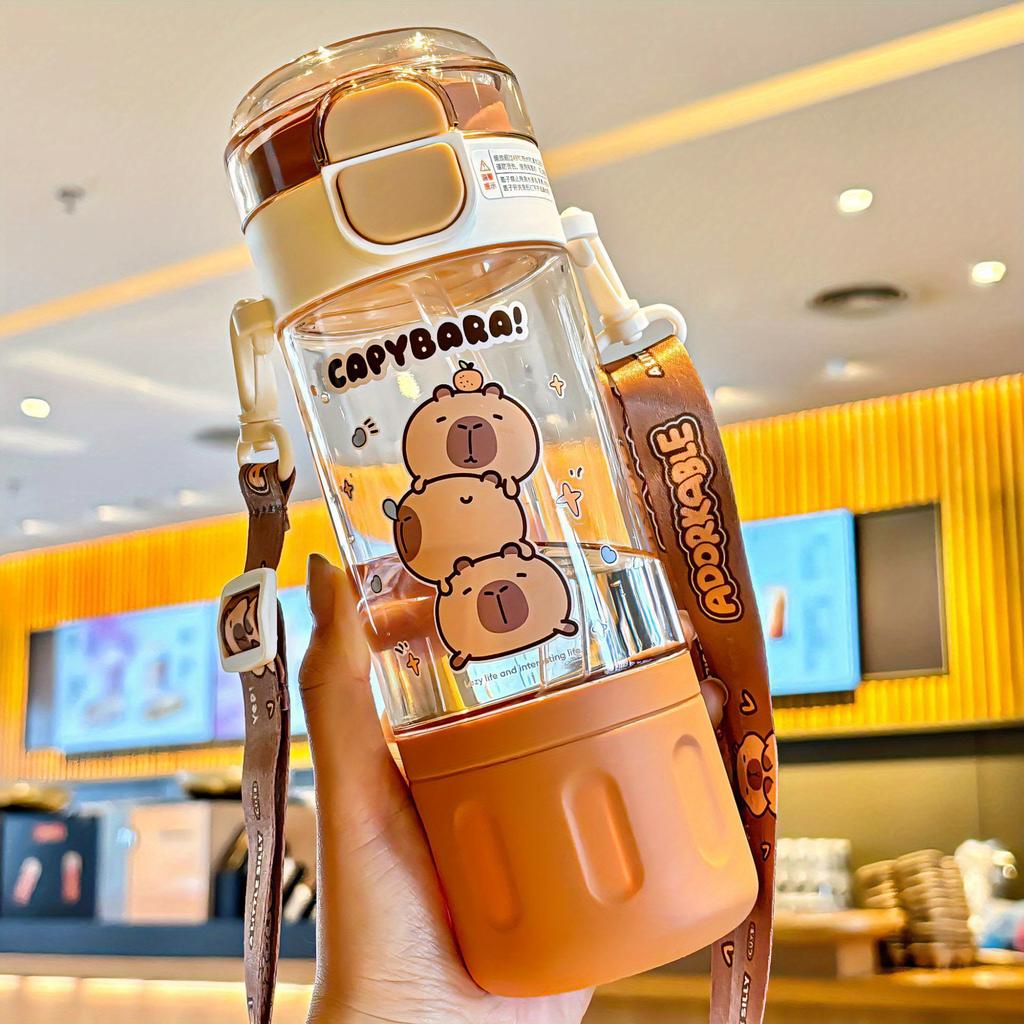 580ml Cute Dolphin Cartoon Plastic Water Bottle with Straw and Adjustable Shoulder Strap, Suitable for Summer and Travel