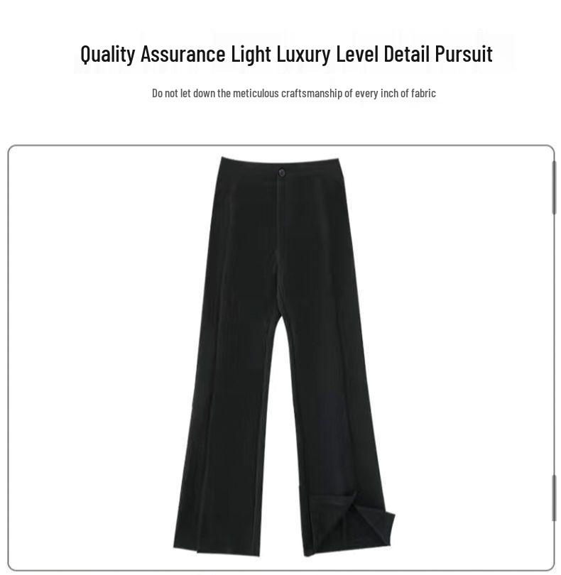 2026 Women's High-Waisted Flowing Black Micro-Flare Wide-Leg Trousers with Slit
