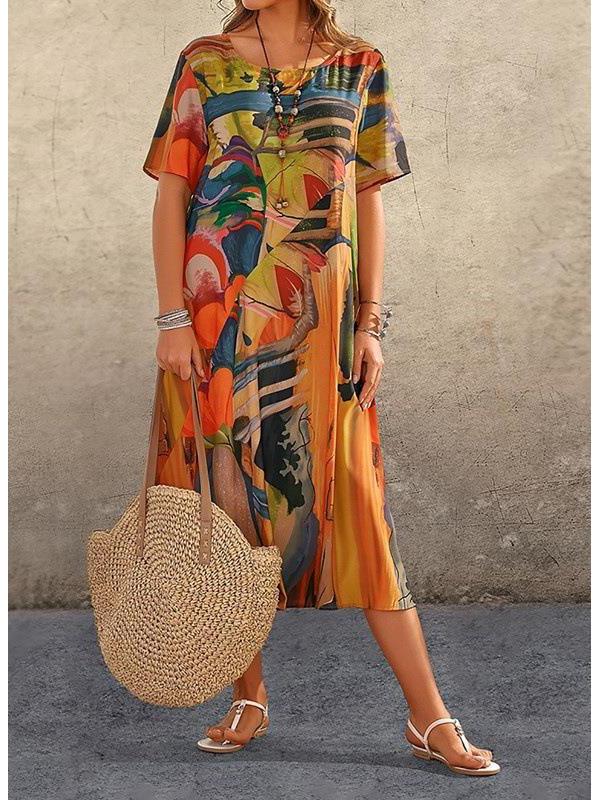 Летнее платье 2023 года в европейском и американском стиле с короткими рукавами и принтом, свободная пляжная макси-юбка