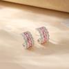 S925 Sterling Silver Purple Baguette Cubic Zirconia C Shape Stud Earrings Multi Row Sparkly Elegant Women Jewelry