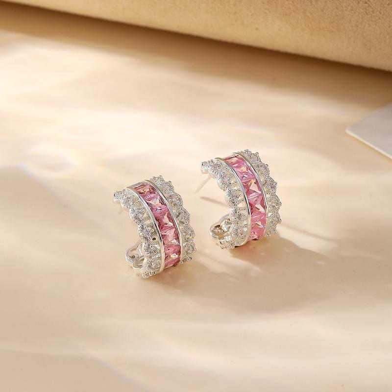 S925 Sterling Silver Purple Baguette Cubic Zirconia C Shape Stud Earrings Multi Row Sparkly Elegant Women Jewelry