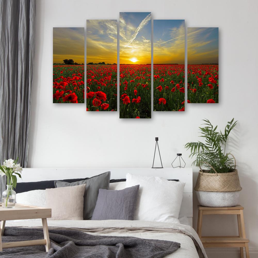 Картина из пяти частей, печать на холсте, Поле Маков, Закат
