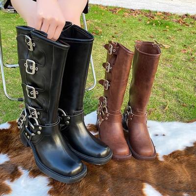 Пряжка на ремне толстый каблук коричневые ботинки мартин женские весенне-летние ретро ботфорты западные сапоги рыцарские модные сапоги