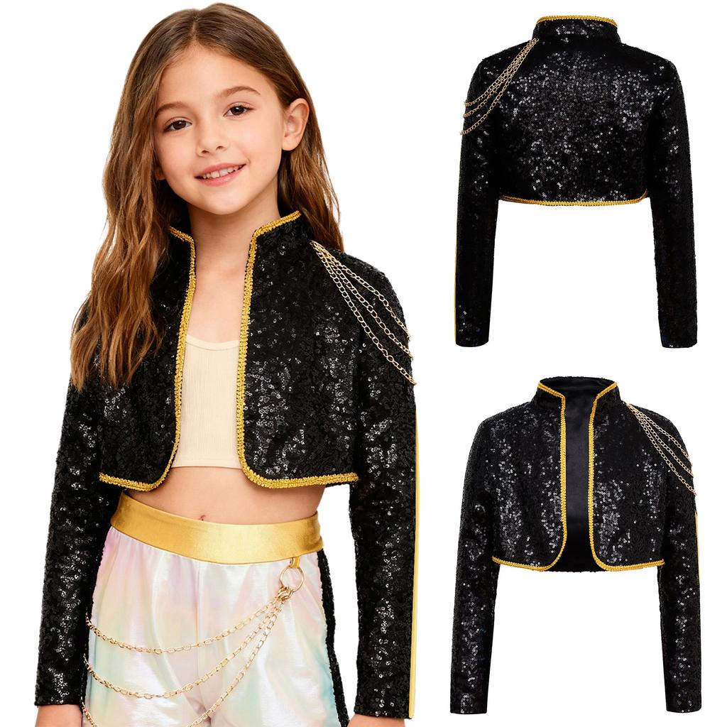 Shiny Sequins Stage Jacket for Girls, Long Sleeve Singer Cosplay Costume with Braided Trimming & Chains for a Complete Look